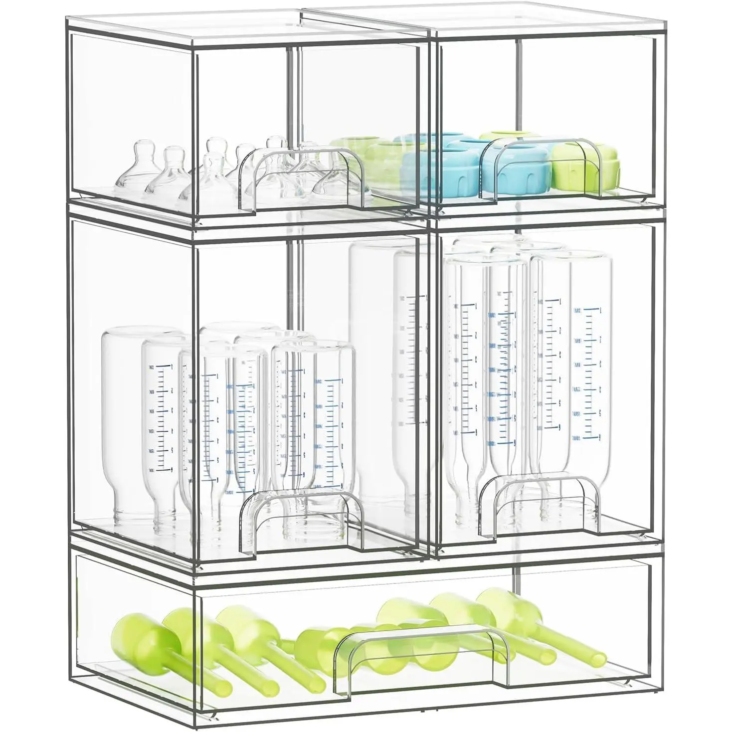 Bottle Storage Organizer Baby - Acrylic Bottles Station Organizer Container, Stackable Clear Drawers for Countertop, Vanity, Bathroom, Cabinet, Pantry Organization, 5 Pack, 15.4" H