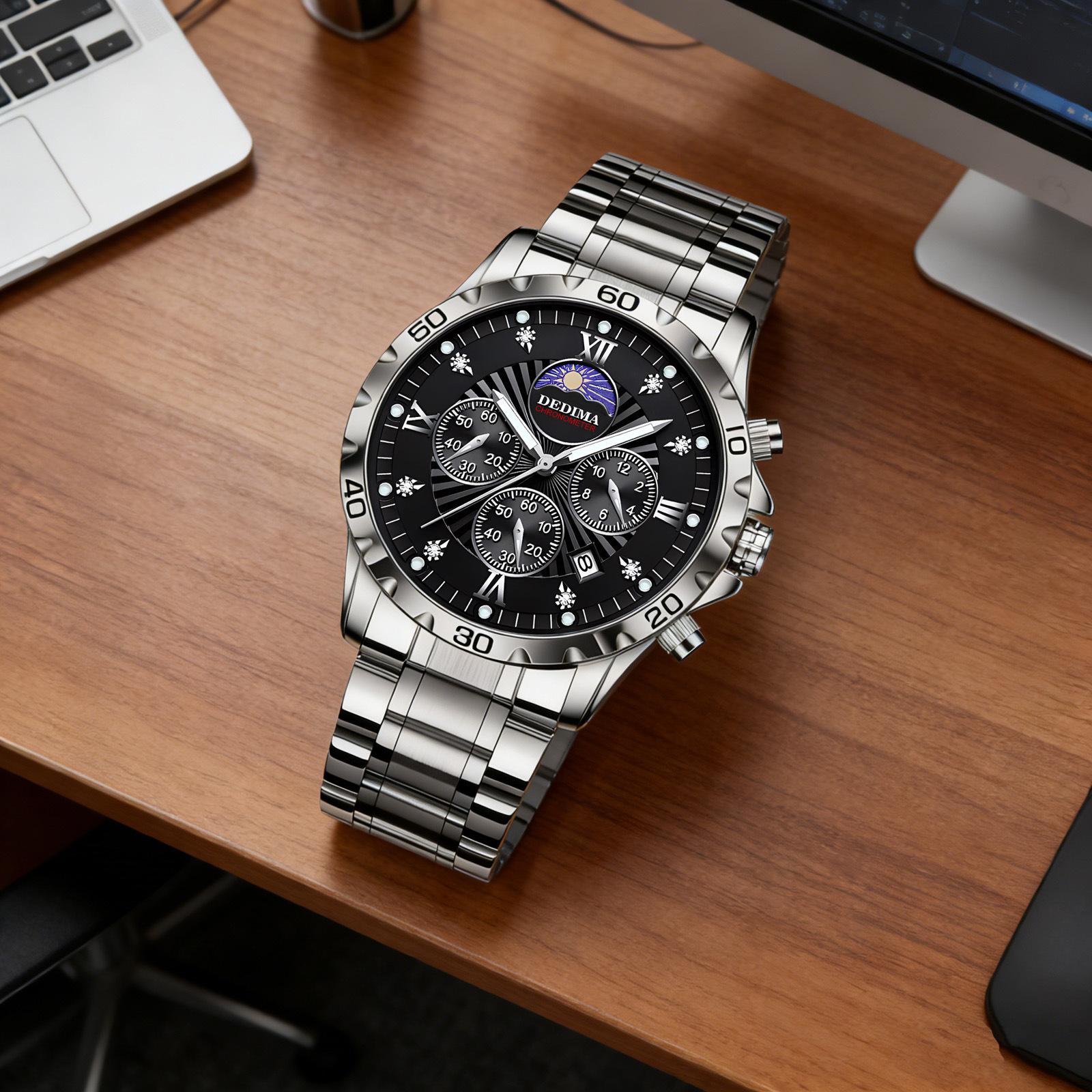 Men's Quartz Watch PE903 Movement 42mm Dial Luminous Display Calendar Moon Phase 30M Waterproof Stainless Steel Strap Business Style Hot-Selling Item