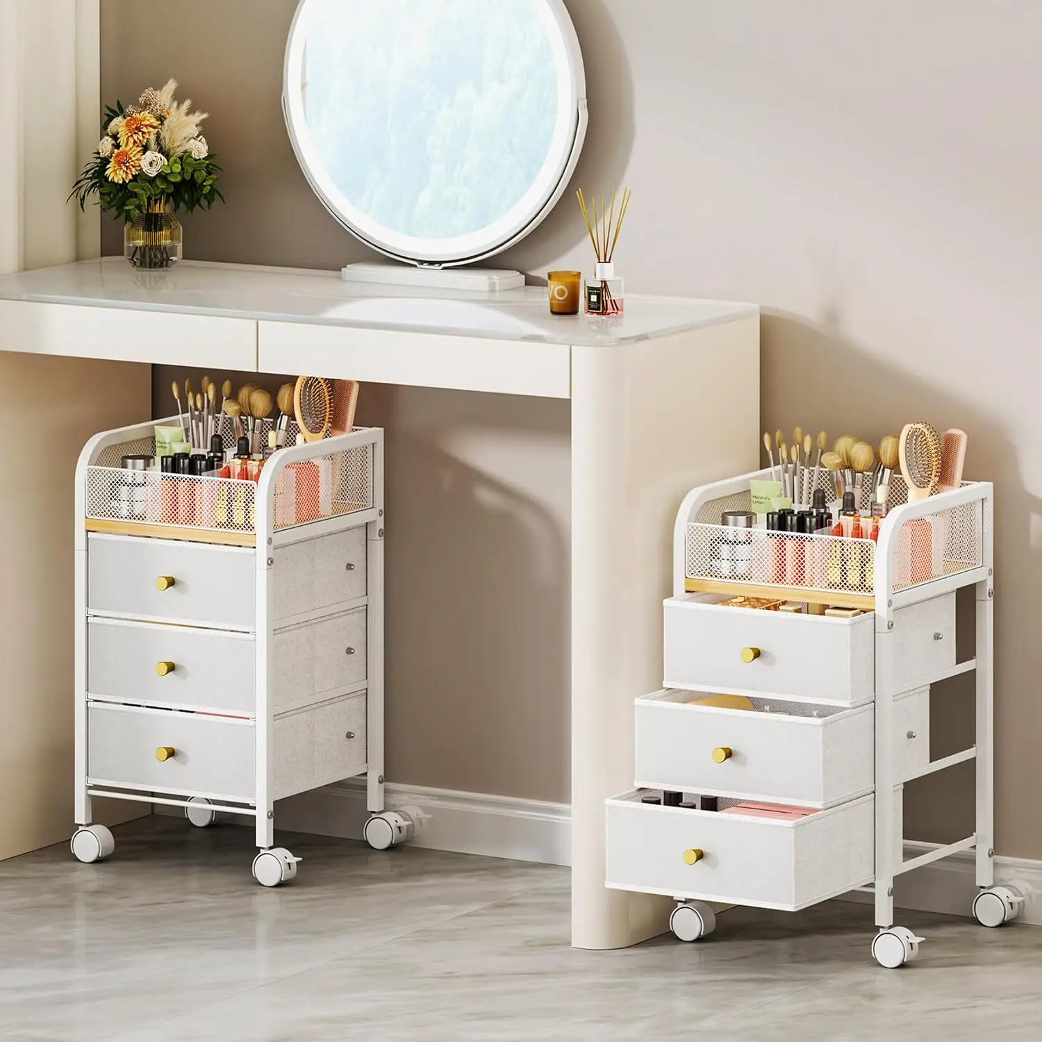Rolling Makeup Organizer Cart - Under Desk  Makeup Storage with 3 Non-woven Drawers,  Cart Organizer  Display Cases Cabinet for  Care Perfume  Polish Brush Hair Tool