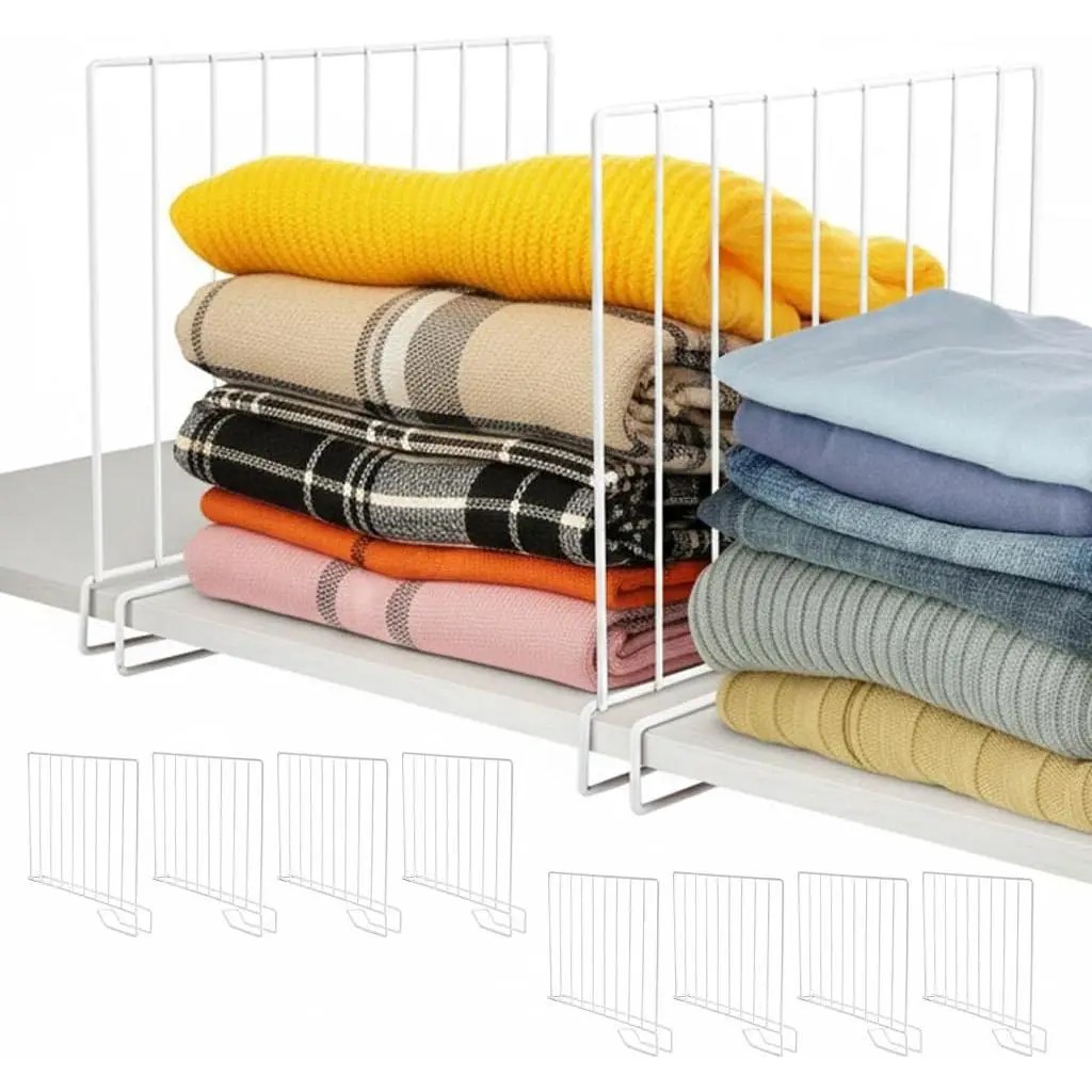 8-Pack 9" Tall Metal Shelf Dividers for Closet Organization, Wardrobe, Bookshelf, Cabinet, Cupboard - Closet Shelf Dividers - Easy to Install - No Tool - White PE Coating Steel