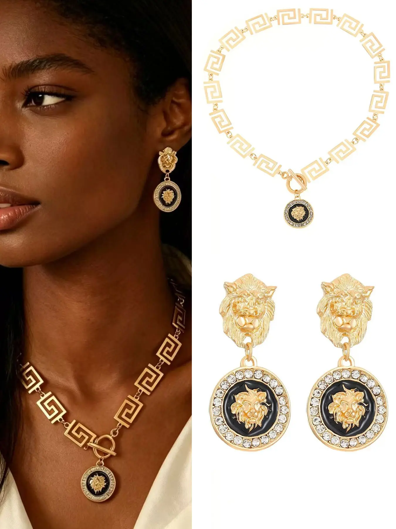 Vintage Lion Head Jewelry Set, Greek Key Choker Necklace, Crystal Drop Earrings, Boho Style for Women Party