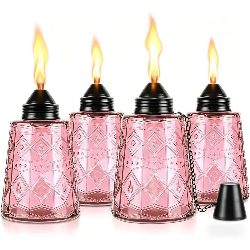 Pink 4-Pack Outdoor Glass Table Torches - 12oz Refillable Citronella Canisters with Wick & Cap, Decorative Lanterns for Patio, Garden, Party, Citronella Torch