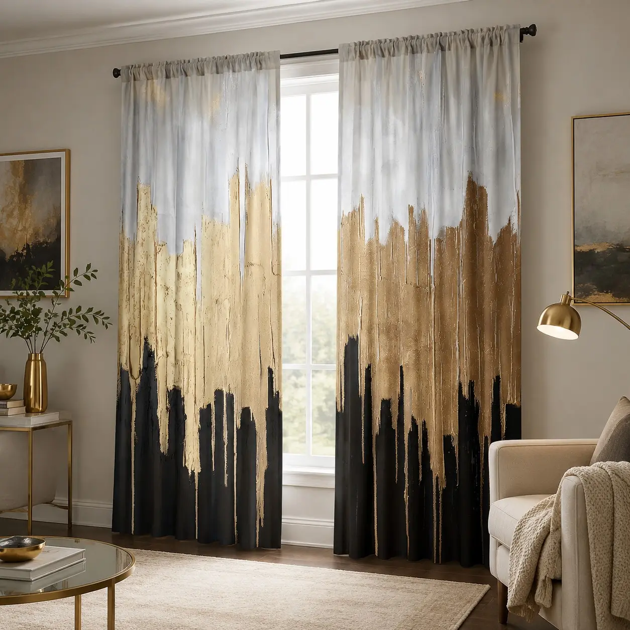 Modern Abstract Drop Paint Curtains, Curtain Panels, Gold Vertical Brushstrokes, Luxury Minimalist Art for Living Room, Bedroom, Office, Hotel, Villa Decor