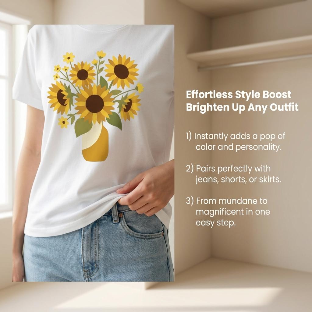 Sunflower Bouquet in Vase Graphic T-Shirt, Vintage Floral Summer Tee, Women's Casual Top kinich