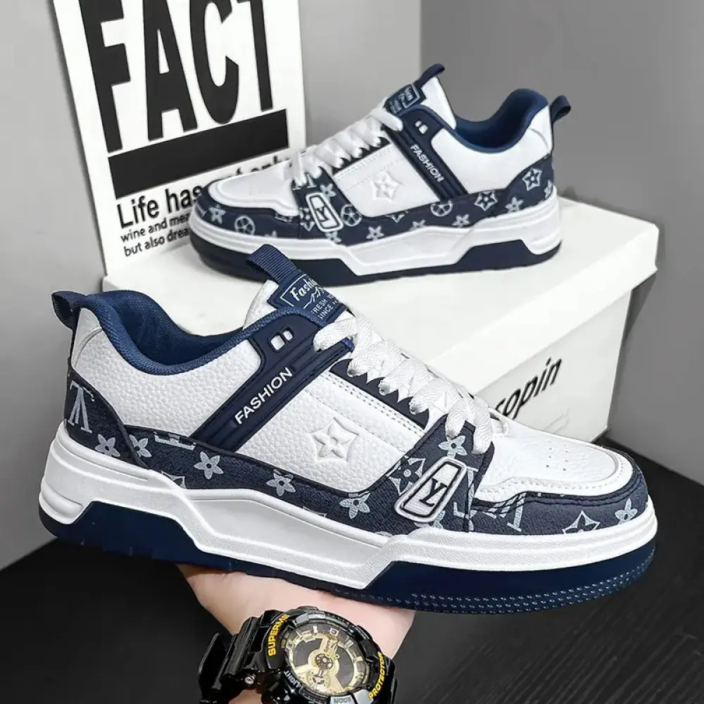 Men's Athletic Sneakers, Korean Style White Thick Sole Shoes in PU Leather and Mesh for Casual Walking and Daily Training