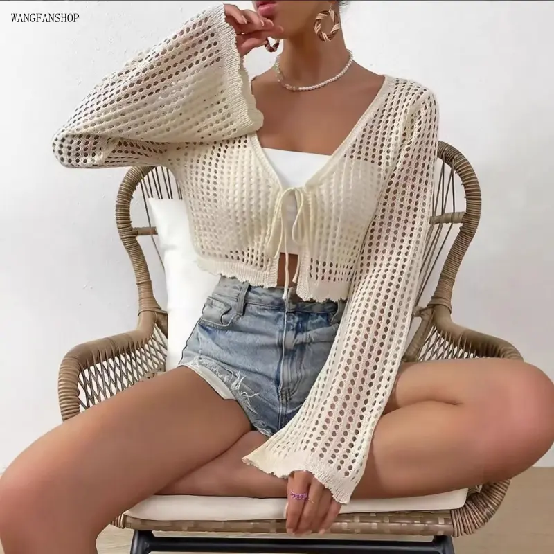 Viral Coquette Tie Front Crop Knit Cardigan, Women Plain Hollow Out V Neck Flounce Long Sleeve Cover Up, Lightweight Feminine Soft Knit Layering Top, All Season Staple for Spring Summer Fall Beach Date Office Picnic Daily Vacation Outfits