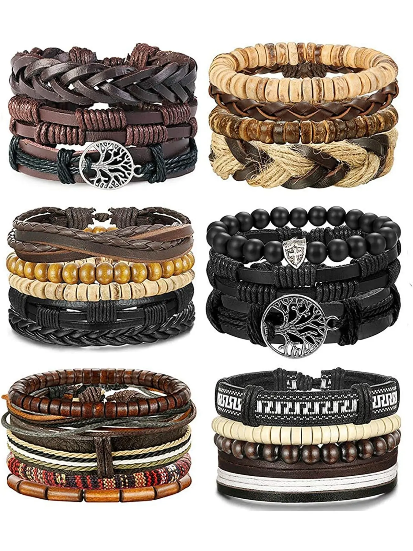 24 x Leather Bracelets for Men and Women - Braided Rope Cuff Bracelet Stack Set - Tree of Life Vintage - Adjustable Black Brown - One Size