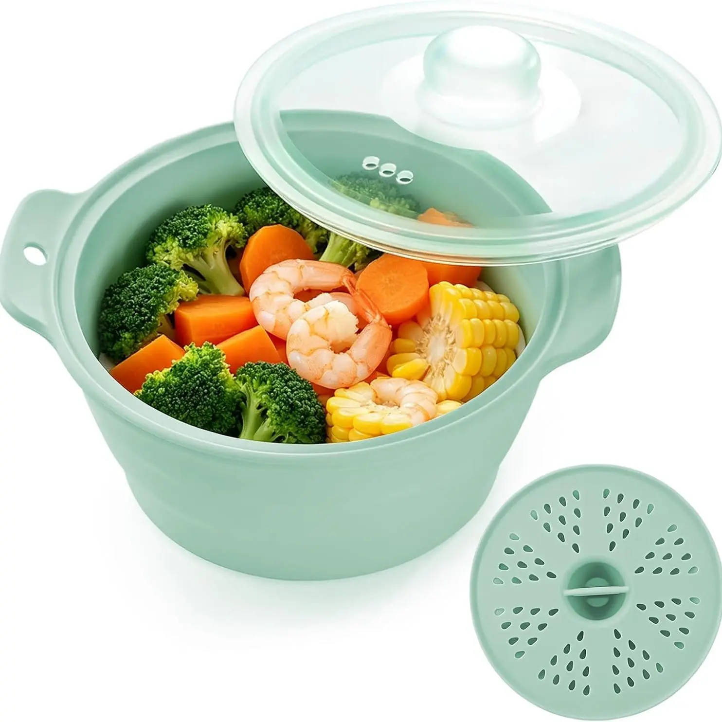 Foldable Silicone Microwave Vegetable Steamer, Detachable Steam Rack, 42oz Silicone Steamer, Dishwasher Safe, Cook Fresh and Frozen Foods