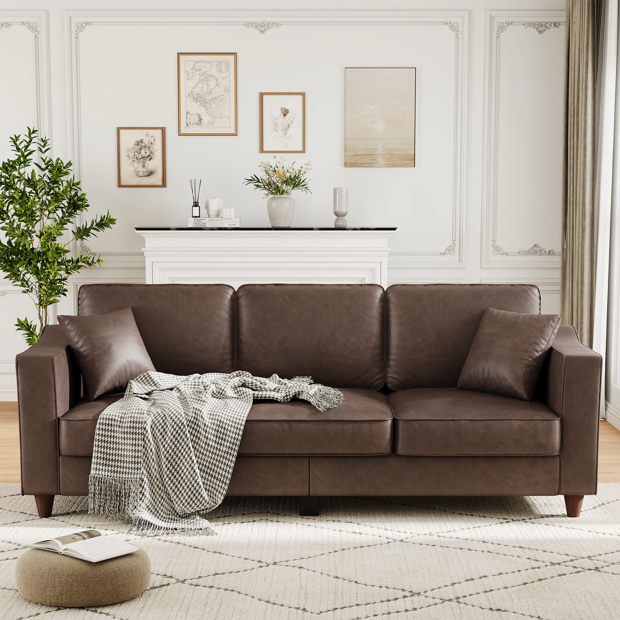 Spacious & Durable 85-Inch Faux Leather 3-Seater Sofa Couch – Wide Armrests, Deep Seats, Back Cushion, 2 Throw Pillows, Wood Legs & Sturdy Support Feet – Ideal for Living Room or Office, Dark Brown