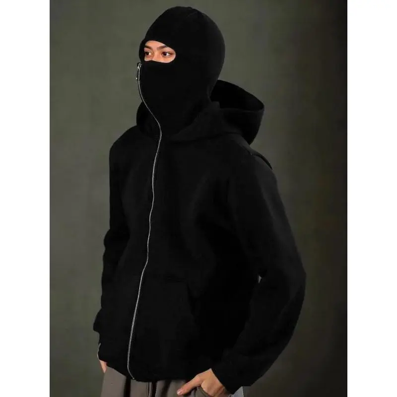 Hooded Zipper Sweatshirt with Integrated Head Cover, Minimalist Design, Functional Style, Perfect for Unique Jackets