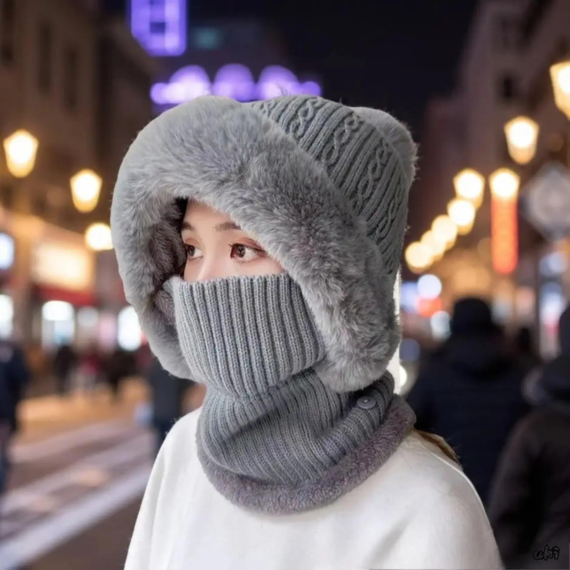 Winter Knitted Neck Guard Balaclava with Faux Fur Lining, Warm Full-Face Beanie with Ear Flaps & Neck Gaiter, Motorcycle Cold-Weather Outdoor Protective Gear, Neck Guard Balaclavas