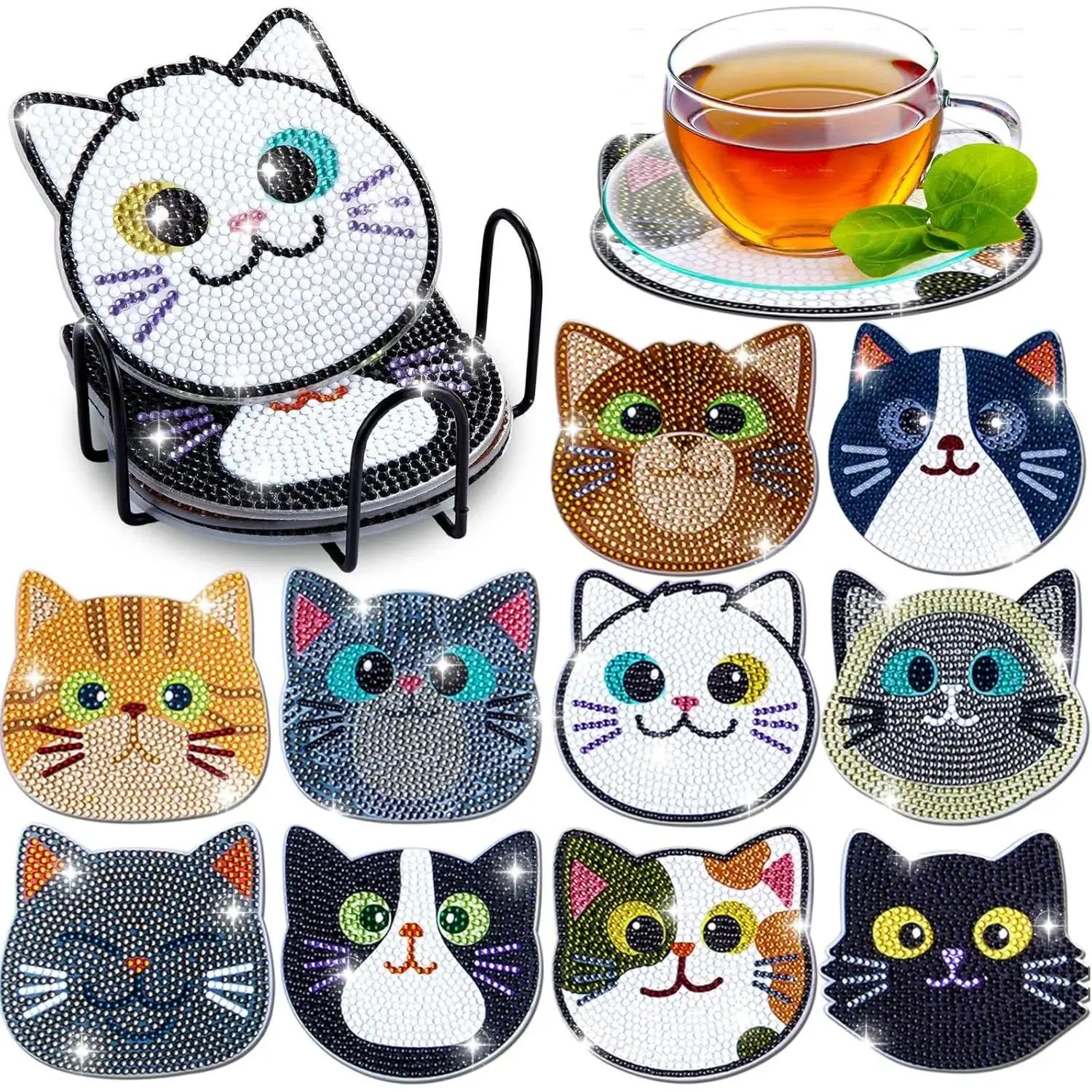10 PCS Cat Themed Diamond Painting Coaster Kits, DIY Arts Crafts Supplies for Adults. Made of durable plastic, complete with diamond beads for handcrafting. Ideal handmade presents for Valentine’s Day, daily home table decoration & holiday gifts.