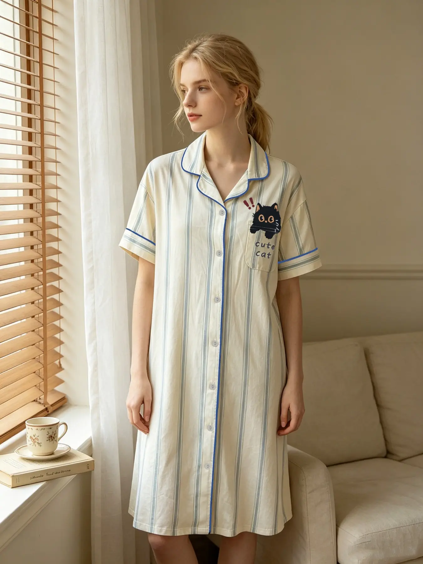Cream Blue Vertical Stripe Cat Print Nightgown, Lapel Collar Button Down Short Sleeve Loose Midi Soft Sleep Dress for Sweet Summer Home Loungewear