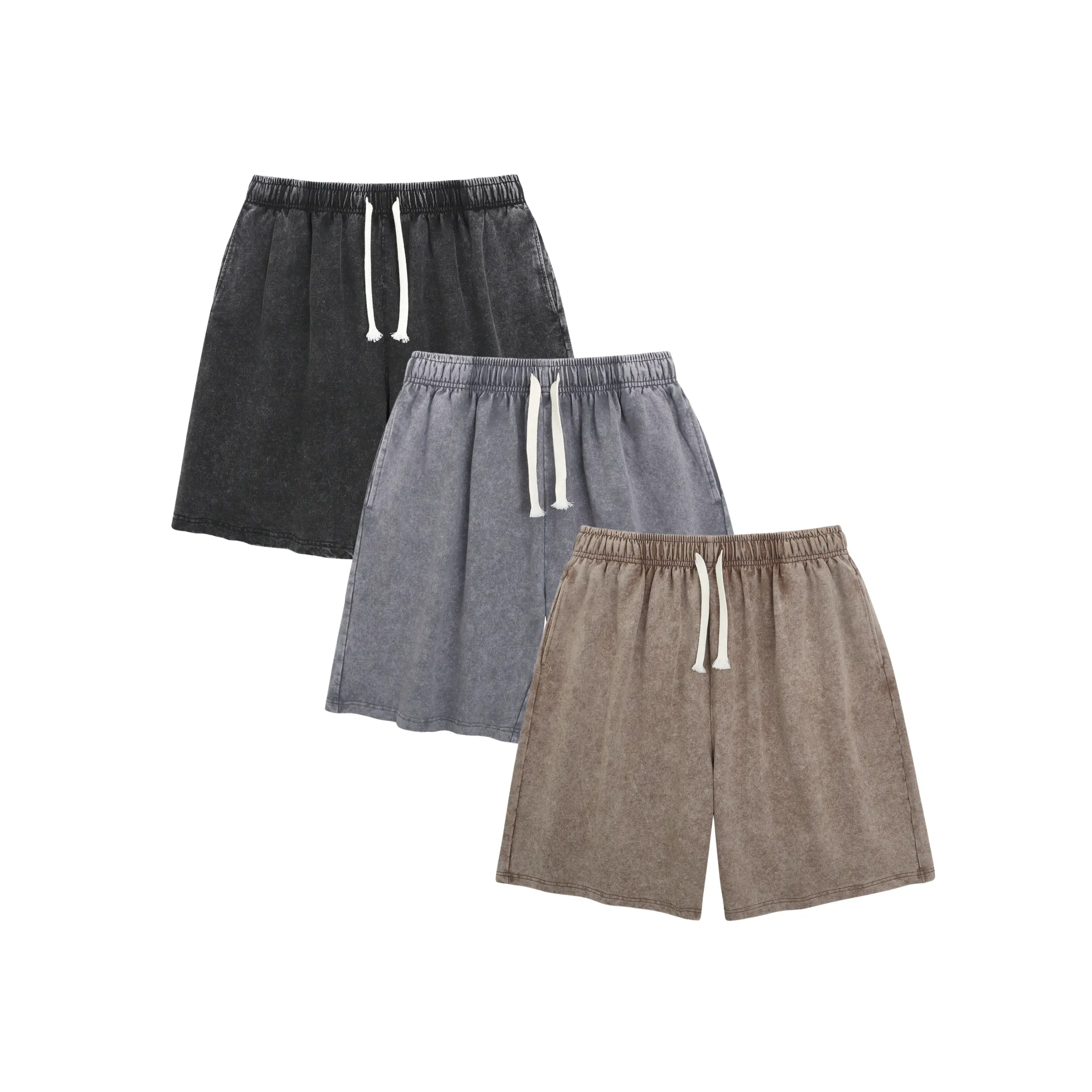 Women's Athletic Shorts in Pure Cotton, Vintage Acid Wash Mid Waist Style with Pockets and an Elastic Drawstring for Workouts, Pure Cotton Clothing, Acid Wash Look