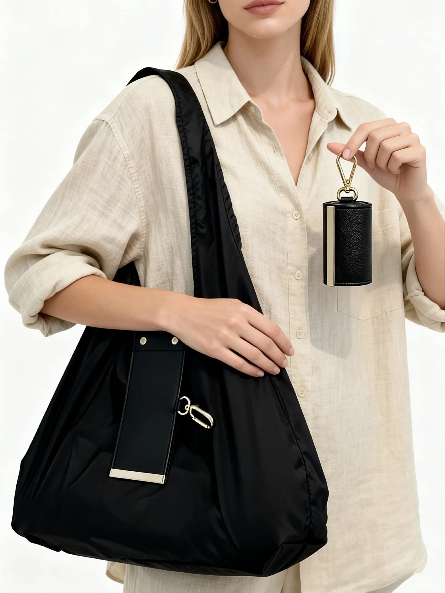 Foldable Nylon Shopping Bag, Large Capacity Keychain Storage Pouch, Casual Plain Design, Eco-Friendly Handbag for All Seasons
