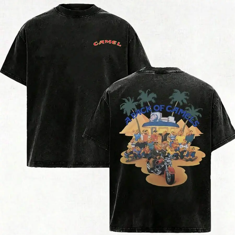 Adult Unisex Vintage Washed Lightweight Cotton Short Sleeve Crew Tee Retro Arid Palm Pyramid Group Camel Poster Dual Side Graphic Loose Breathable Top For City Walk Bar Gathering Street Fashion