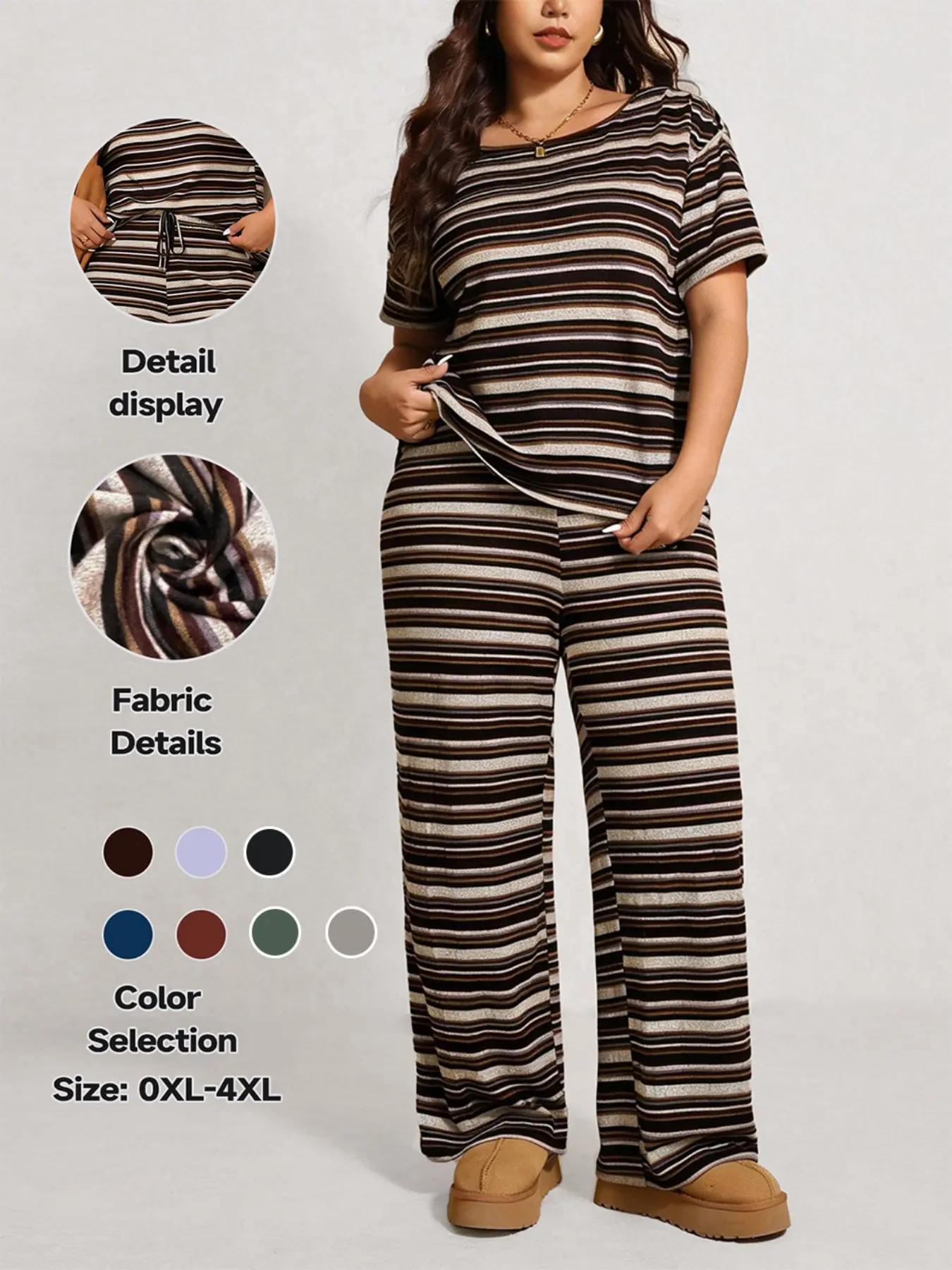 Women's Plus Size Striped Print Drop Shoulder T-Shirt and Long Pants Sleepwear Set, Comfortable Home Wear Loungewear, Casual Fashion Night Outdoors Walking