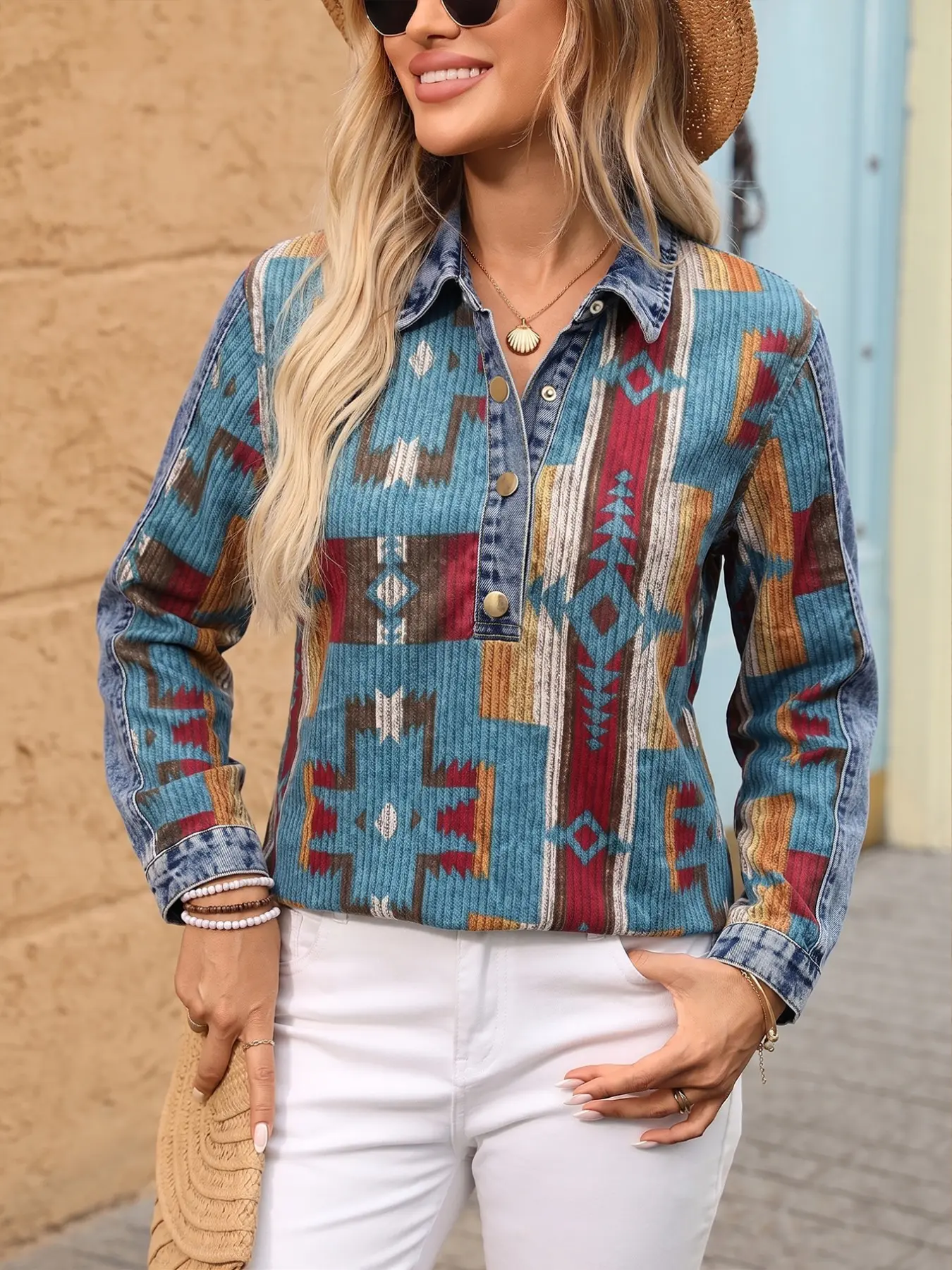 Women's Aztec Geometric Print Henry Neck Long Sleeve Top, Denim Patchwork Velvet Western Half-Button Casual Shirt, Slim-Fitting