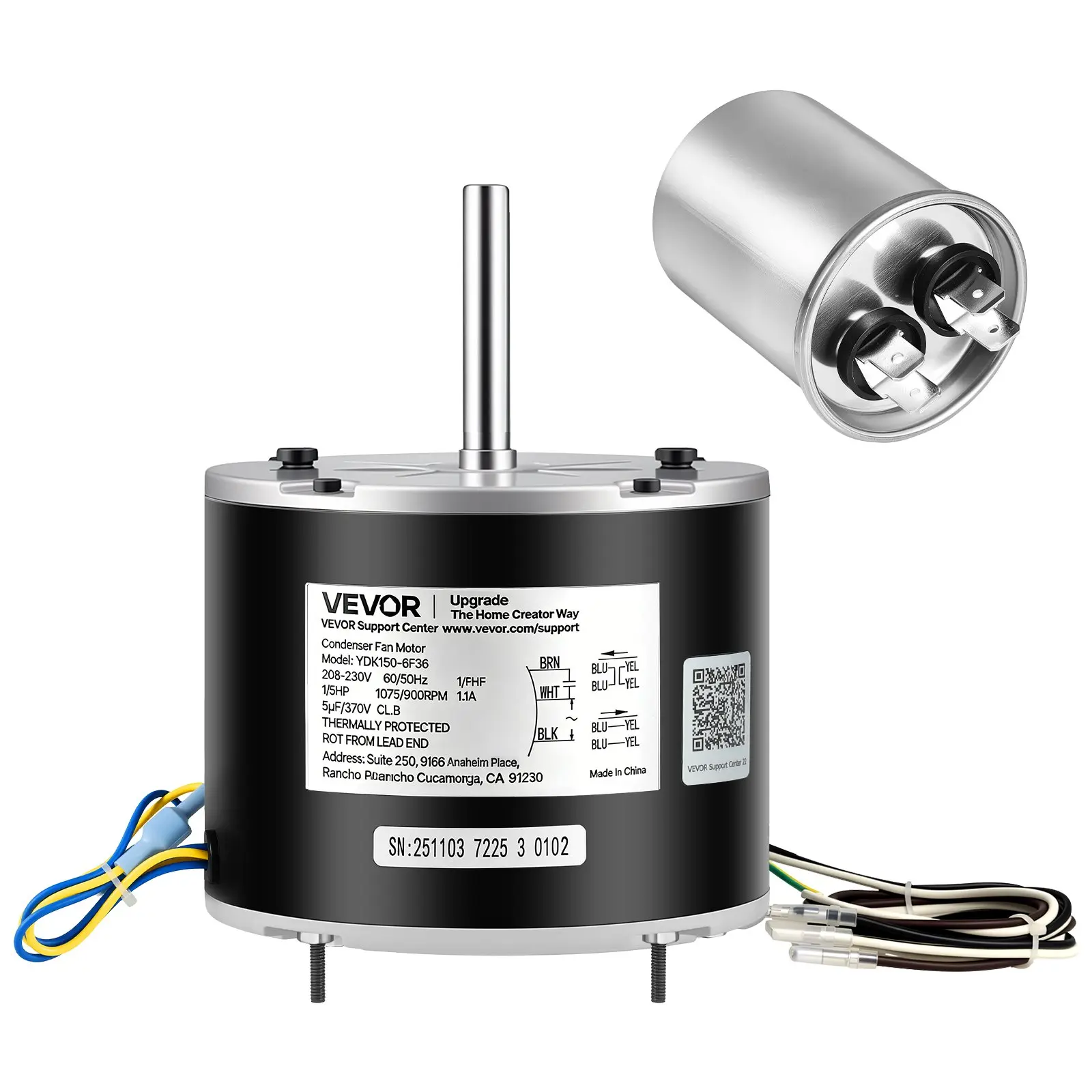 VEVOR Condenser Fan Motor with Capacitor, 1/5HP 1075/900RPM 208-230V, Replaces 12Y75, 97M49, 100483-02, 43W49, Compatible with Lennox Interlink Emerson K48HXGCK-4210 K48HXGFG-4294 YFK-150-6