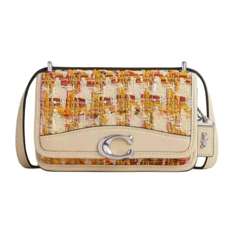 COACH Bandit 18 Tweed Crossbody Bag for Women – Silver and Neutral Multicolor, Adjustable Strap with Logo Snap