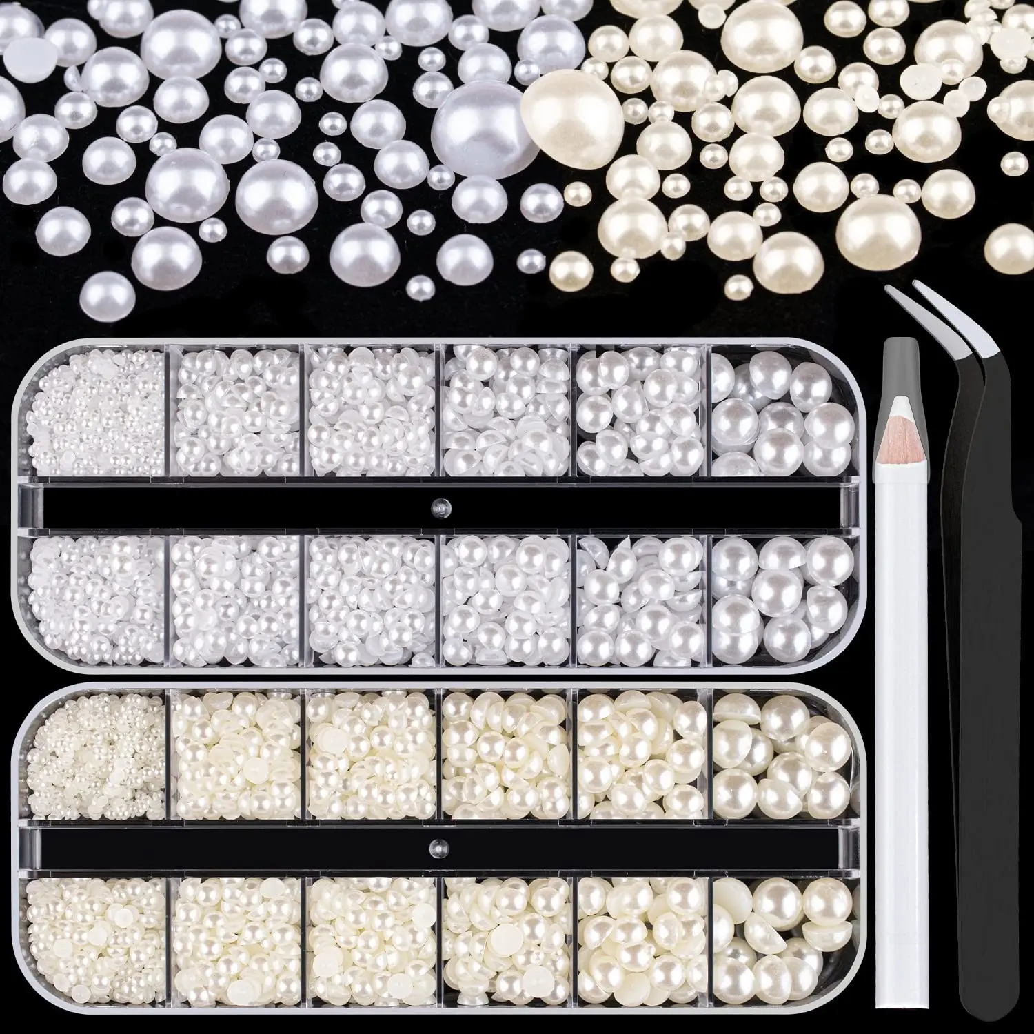 2700 Pcs Flat Back Pearls Kits, 1 Box of Flatback White+1 Box of Beige Small Half Round Pearls with Pickup Pencil and Tweezer for Nail Art Face Makeup Graduation Cap Decorations DIY and Craft Nail Art Supplies