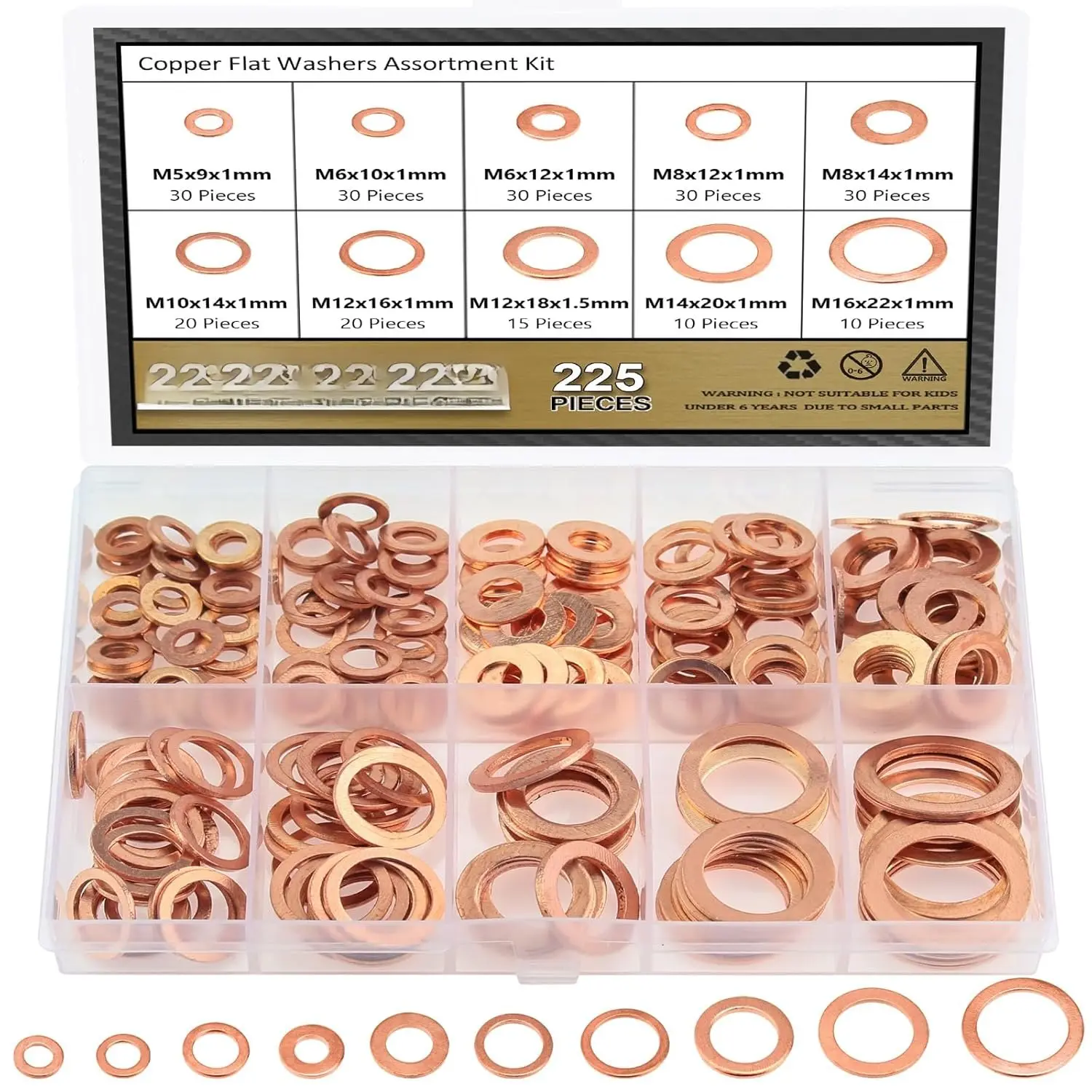 225 count Copper Metric Flat Washers, Sealing Washers,  10 Sizes Copper Washers, Metal Washers  Kit (M5 M6 M8 M10 M12 M14 M16)