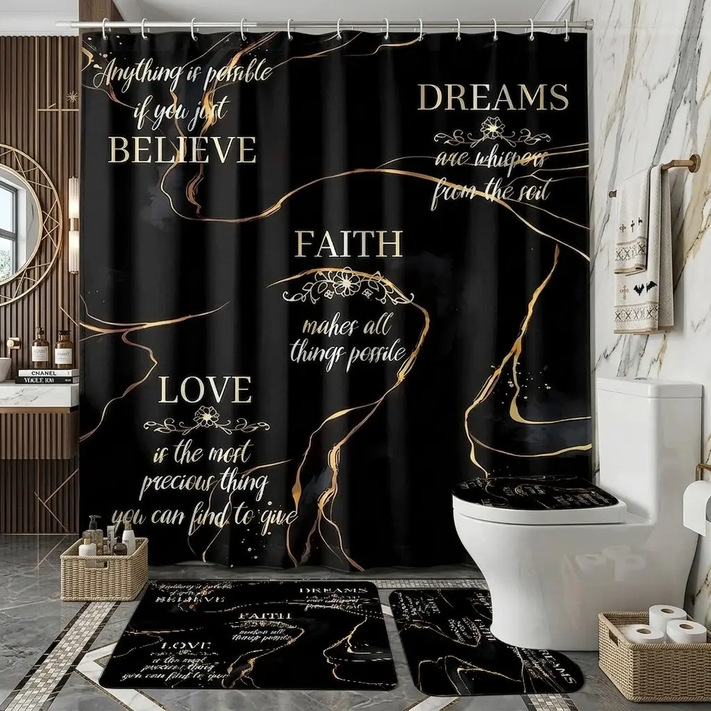 4-pcs gold marble pattern printed shower curtain set, luxurious abstract ink design, thicker and softer bath mat fabric! Elegant holiday bathroom decor set Shower Curtain Set For Bathroom