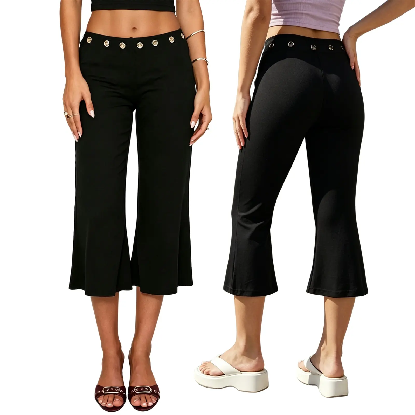 Women High Waist Button Decor Capri Cropped Flare Pants, Casual Soft Stretchy Knit 7/8 Bootcut Crop Trouser for Daily Streetwear