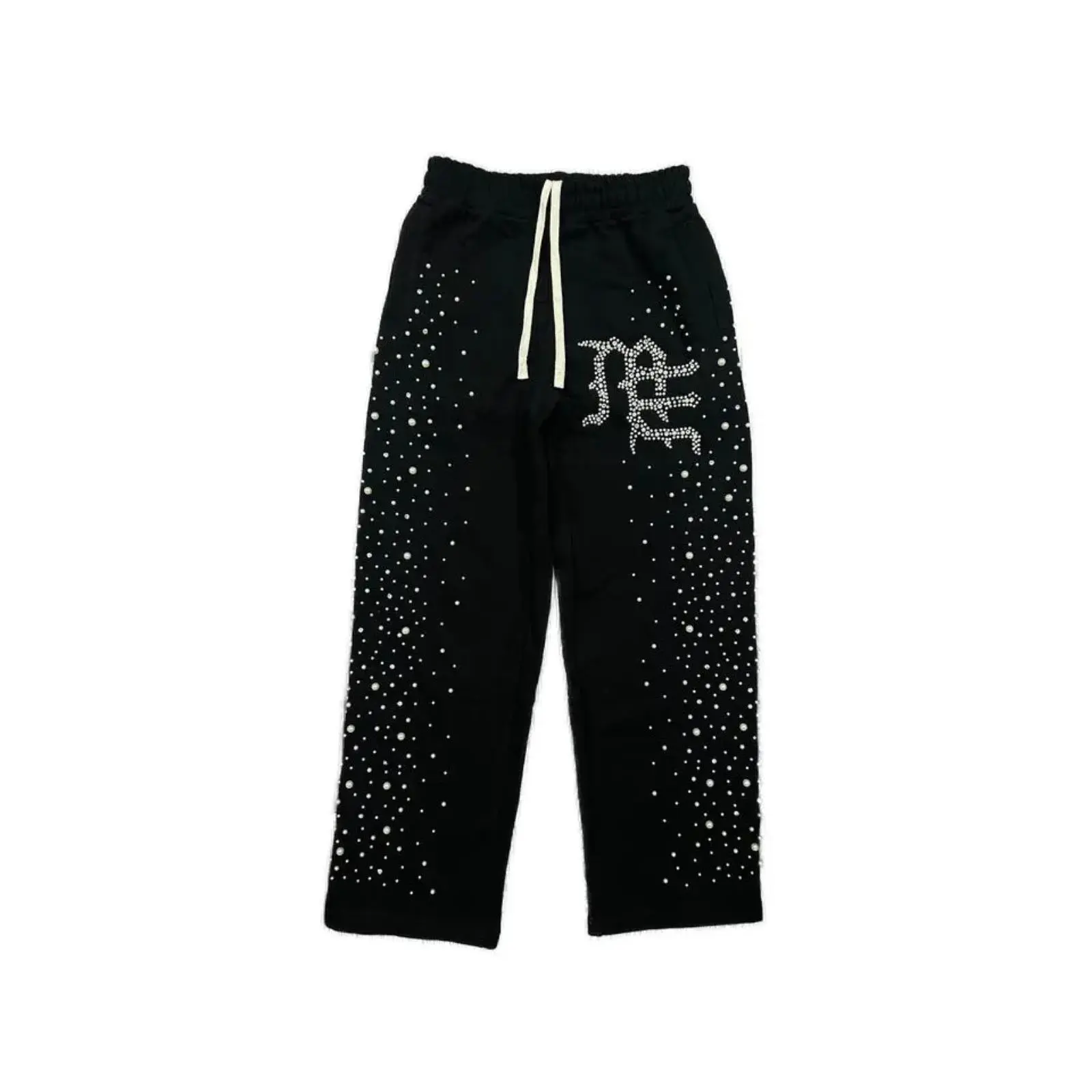 MIXED EMOTION Rhinestone Gothic Logo Sweatpants Scattered Hot Drill Straight Leg Track Pants Y2K Hip Hop Streetwear Loose Casual Pants For Men, Back To School & Halloween Outfit