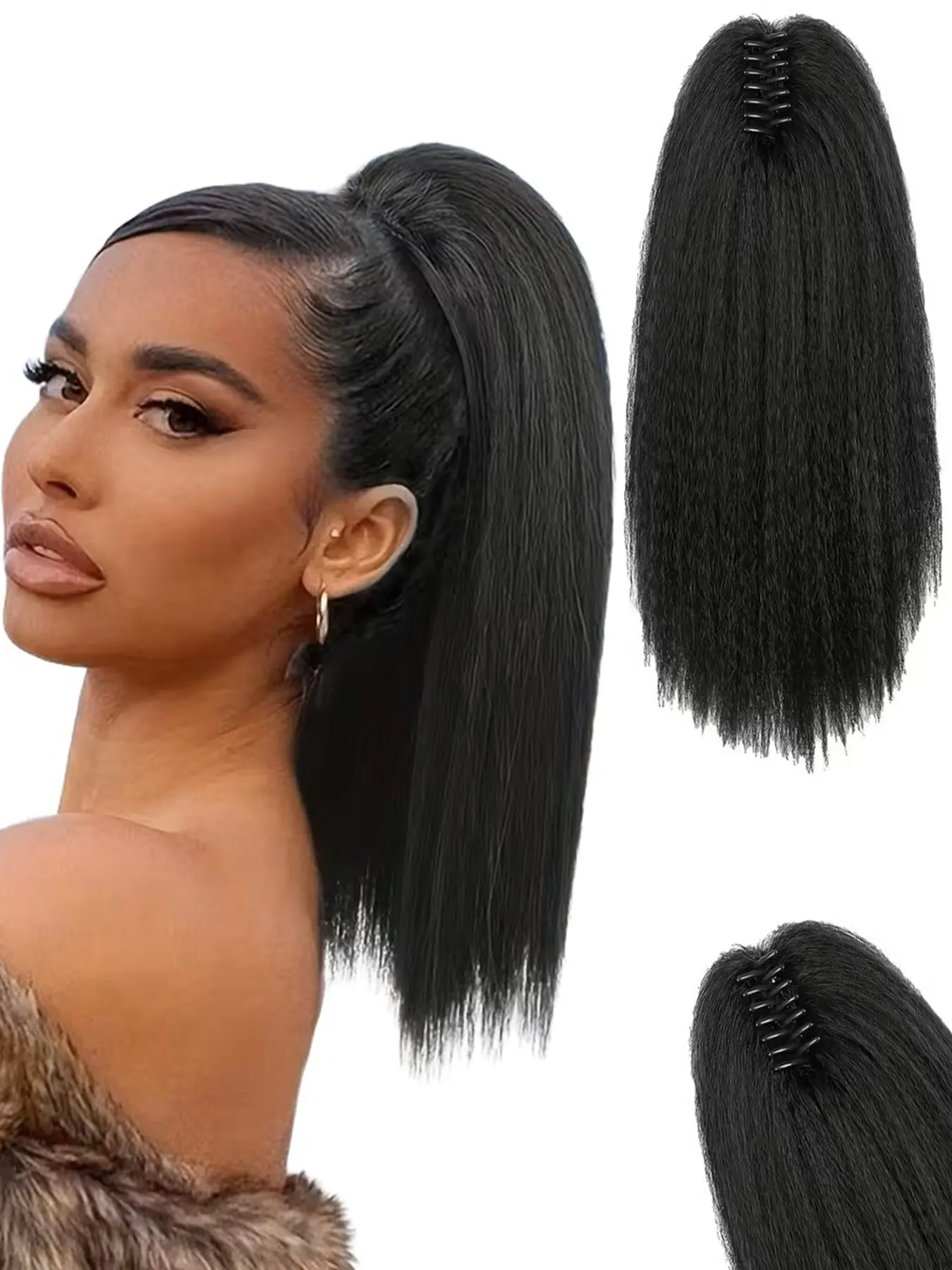 16Inch Kinky Straight Ponytail Extension, Women's Yaki Synthetic Clip-In Hair Piece, Volume Boost, Halloween Christmas