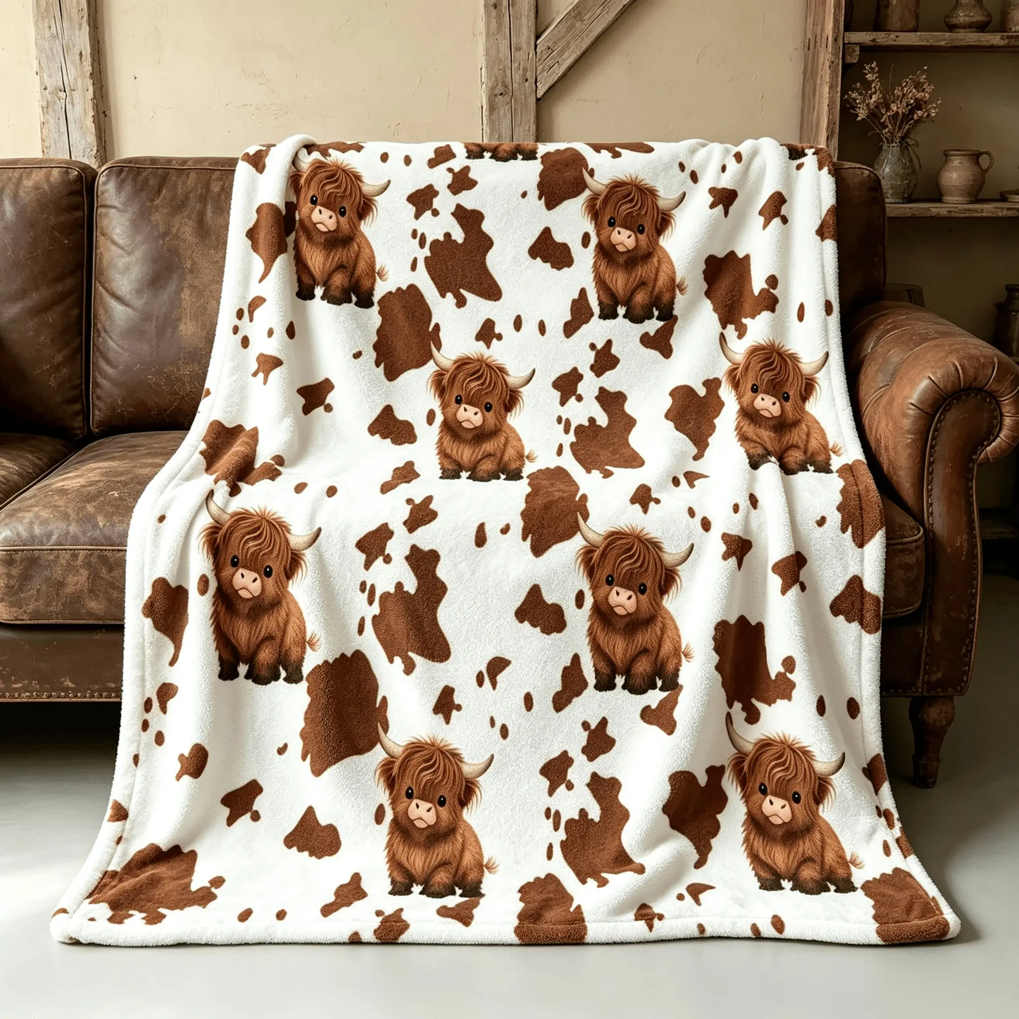 Cute Brown Highland Cow Print Flannel Blend Throw Blanket - Unisex, Multi-Size, Single-Sided Animal Motif, Anti-Pilling, Soft Nap, Cozy - Suitable for Camping, Bedrooms, Gifts/Decor