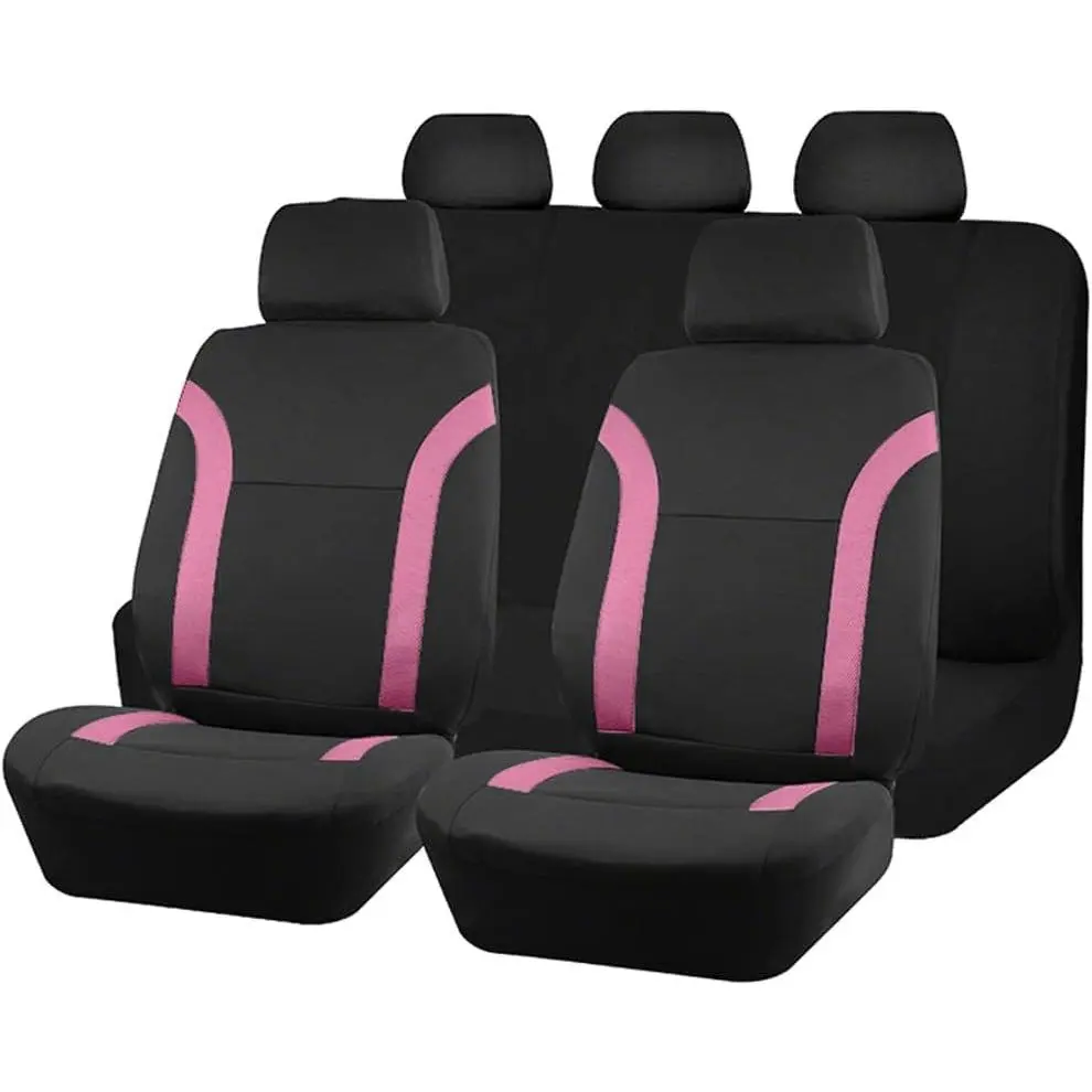 Car Seat Cover Full Sets, Breathable Polyester Automotive Front Rear Split Bench Covers Protectors, Waterproof Vehicle Interior Seat Protective Cushion Accessories, Universal Fit (Pink)