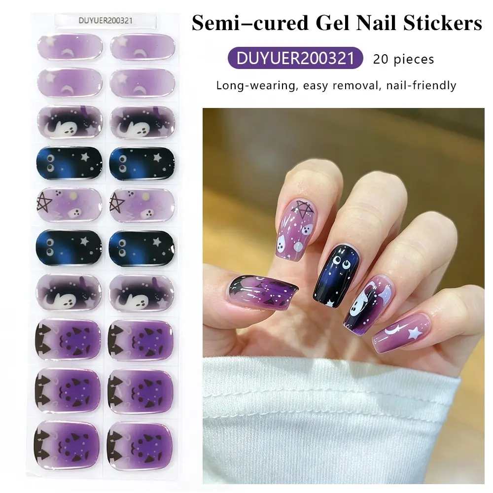 Base Hand-Drawn Dark Castle Halloween Nail Art Stickers, 20 Finger Gel Polish, UV Light Curing, Half-Cured Gel Nails, Gel Nail Stickers with UV Light