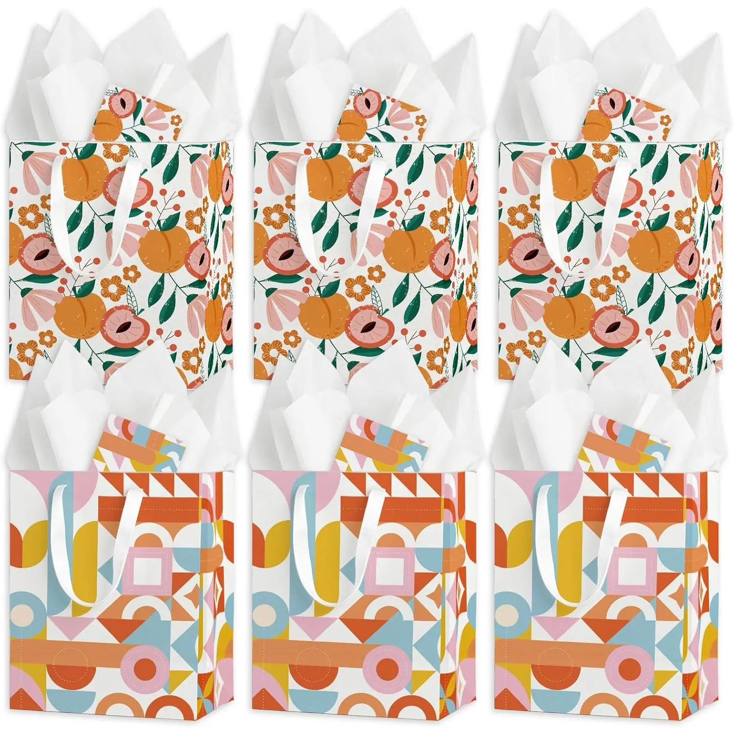 Thanksgiving Beautiful  Bags Set of 6 - Medium Sized 9" Bright Abstract Bags with Handles incl. Matching Tissue Paper, Cards with tangerine -  & For Presents of Any Birthday, Weddings,