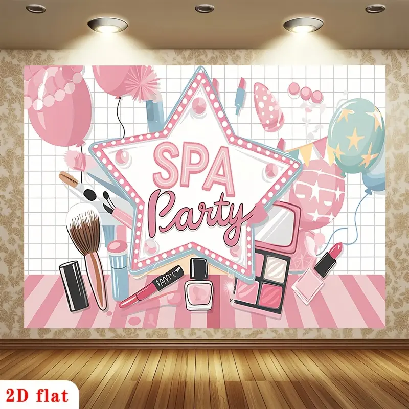 2D Flat, 1pc Pink Balloon & Makeup Brush Backdrop Suitable for Parties, Horizontal 2D Flat Banner with Balloon & Brush, Decoration for Birthdays, Showers, Weddings, No Electricity Required, Fabric for Decor, 2D Flat
