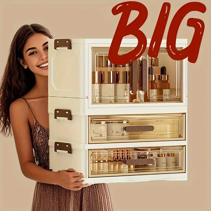 Three-tier/four-tier foldable large-capacity cosmetic storage cabinet with transparent drawers and stackable plastic organizing boxes, suitable for cosmetics, skincare products, documents, and books, making it a perfect gift for girls