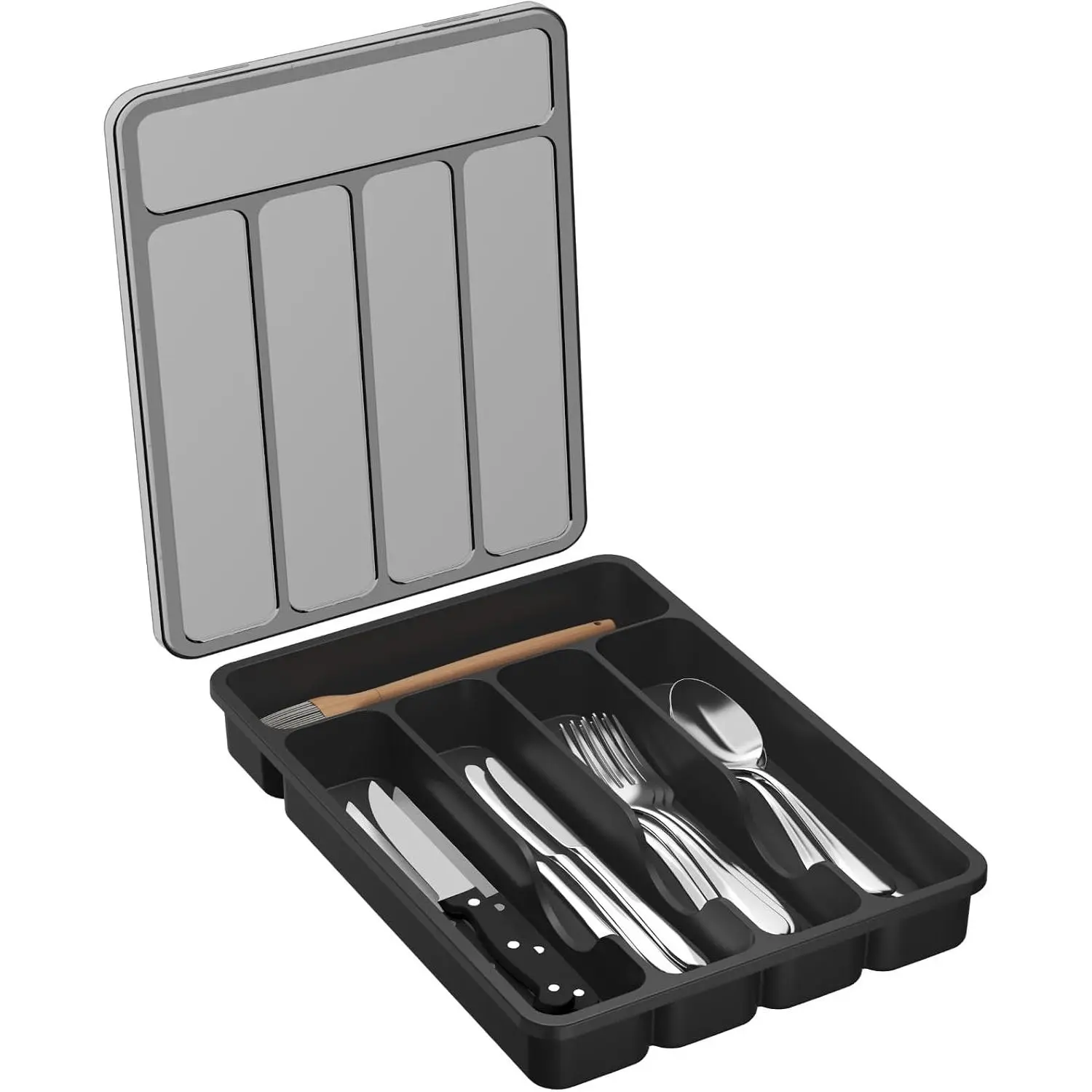 Silverware Organizer with Lid, Covered Utensil Tray, 9.5x12.7 | Plastic Cutlery Storage Box for Kitchen Drawer and Countertop, Flatware Case Holder for Spoons Forks , Black