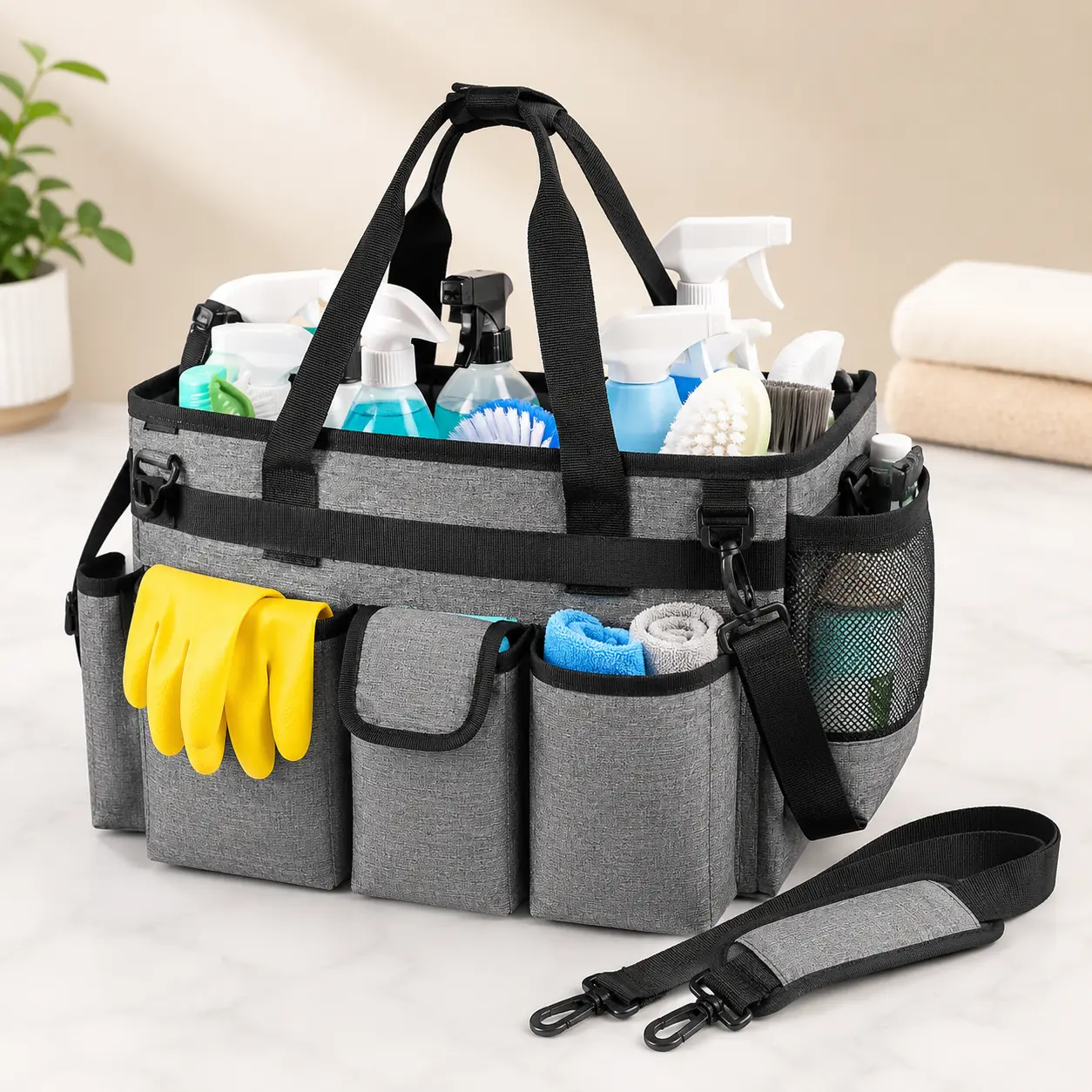 Polyester Cleaning Caddy Organizer, Functional Tote for Household Items with Reinforced Handles, Dividers, and an Adjustable Shoulder Strap, Zipper Pocket, Open Top, Car Detailing, Kitchen Supplies, Supplies Organizer, Organizer Bags