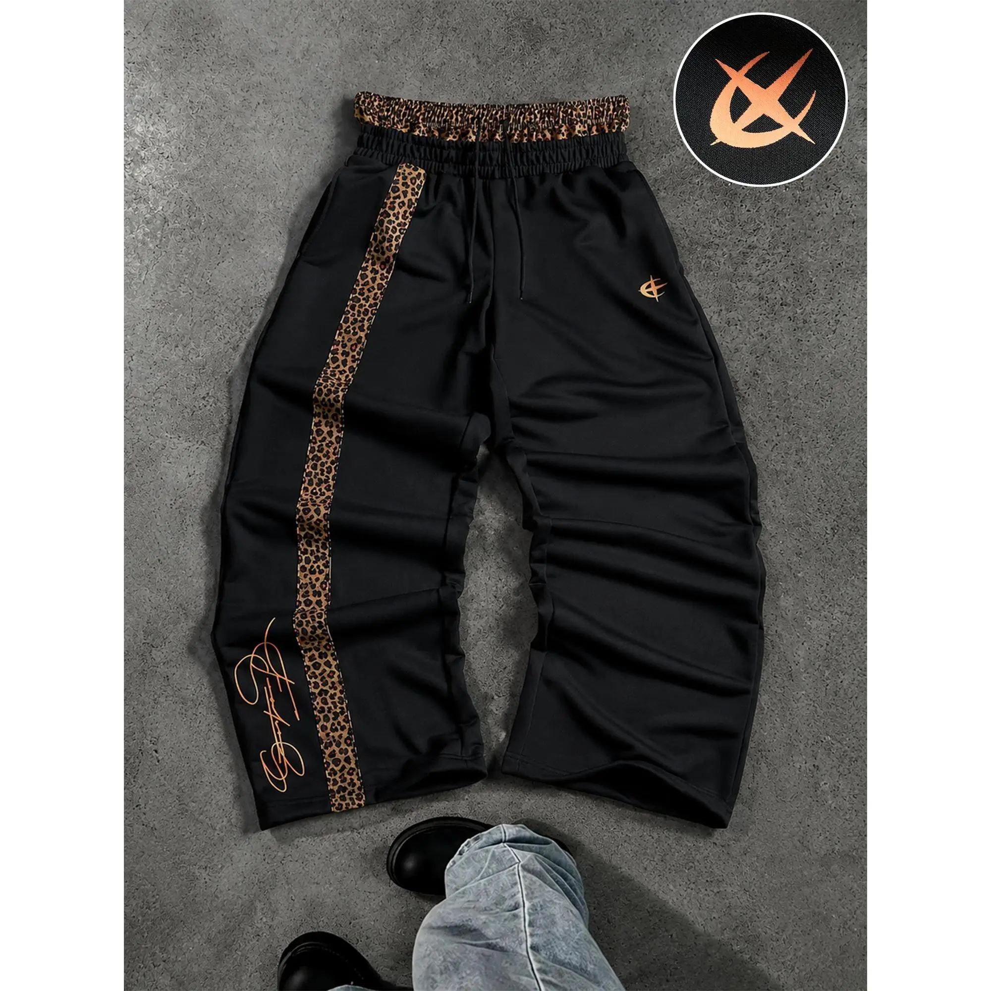 Men's Leopard Print Patchwork Sweatpants Streetwear Drawstring Elastic Waist Wide Leg Track Pants Embroidered Logo Casual Joggers Hip Hop Baggy Trousers Y2K Vintage Side Stripe Athletic Pants Loose Fit Stretch Soft Trendy Fashion, Baggy Track Pants, Machi