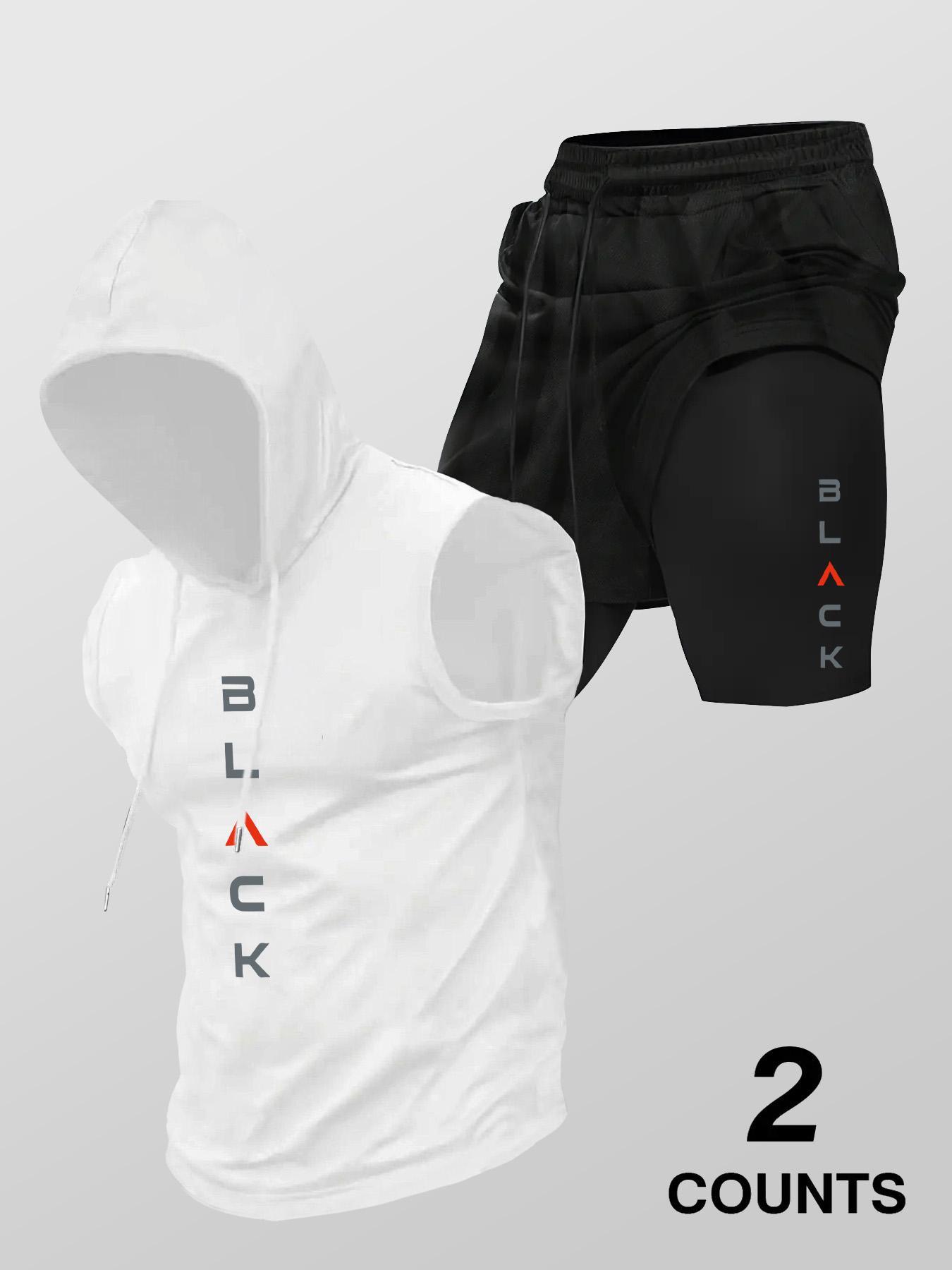 Two-Piece Set Men's Hooded Graphic Tank Top & Shorts Set, Regular Fit Casual Sleeveless Top & Shorts, Men's Clothing Set for Summer Sportswear