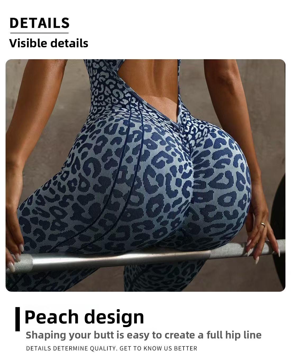 Women's Leopard Print Active Jumpsuit – High-Waisted Tummy Control Bodysuit with Open Back, Built-in Bra, Seamless Gym Wear for Yoga & Training