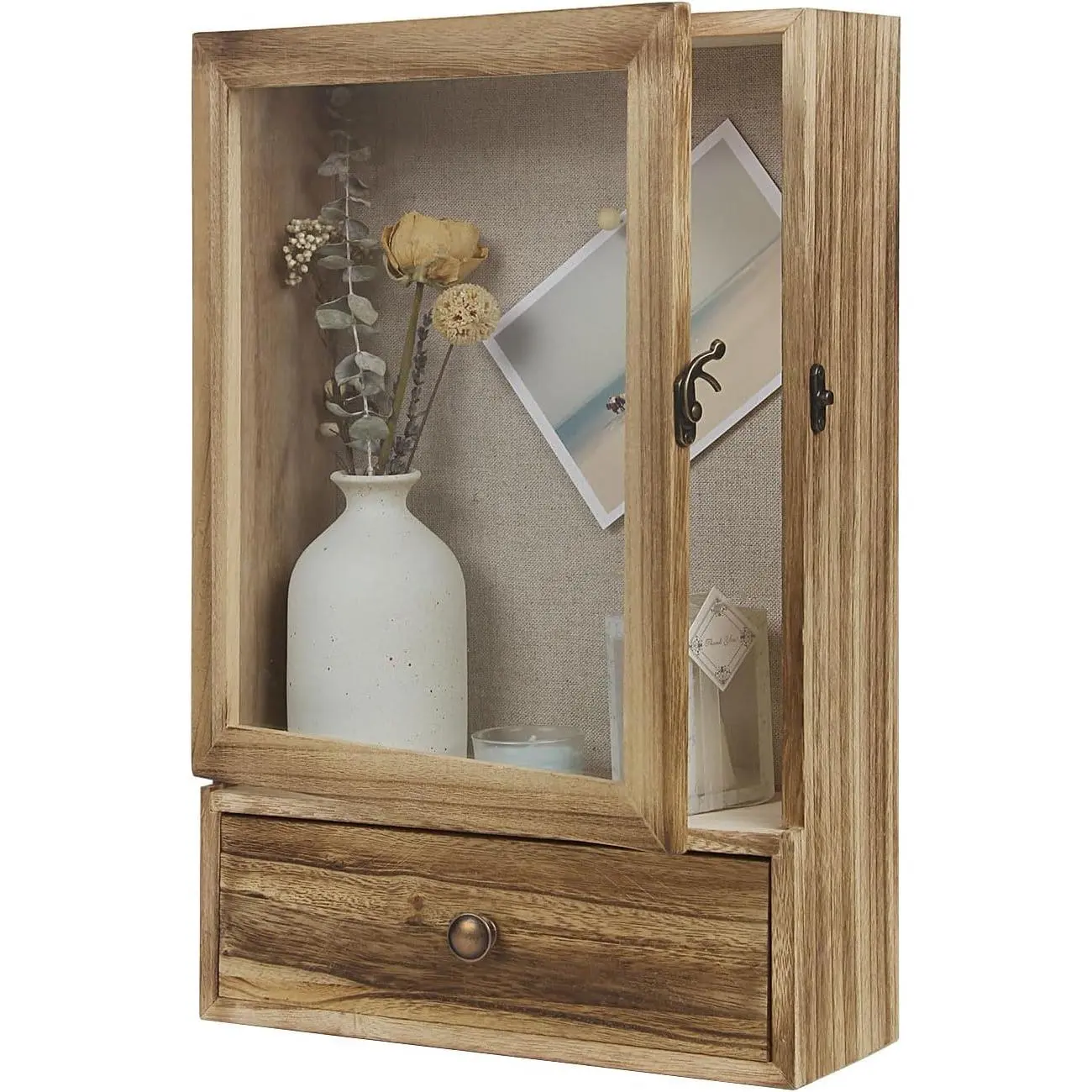 Shadow Box Frame, 3.2" Deep Shadow Box Display Case with Real Glass and Drawer, Rustic Wood Memory Box for Pictures, Flowers, Memorial, Medals, Wedding Bouquet for Wall or Tabletop, Brown