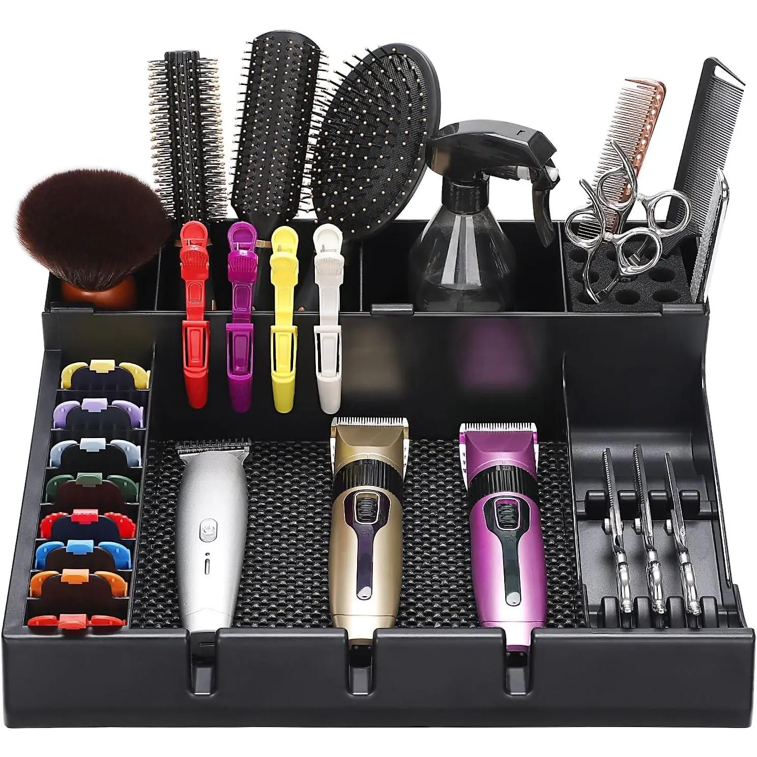 Large Plastic Hollow Barber Station Organizer Shelf - Anti-slip Corded Clipper & Guard Tray, Detachable Multifunctional Hairdressing Tool Holder, Salon Haircut Supplies Storage Boxes