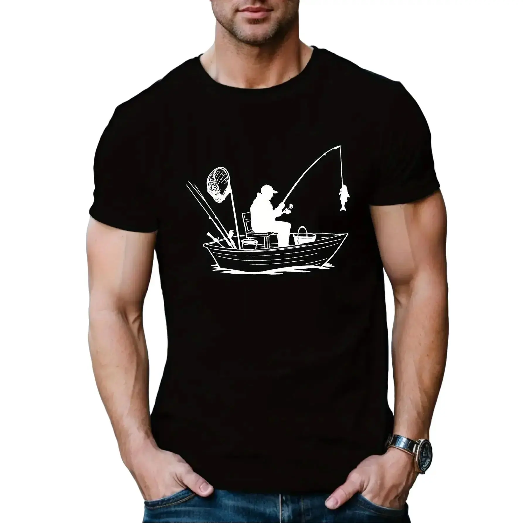 Men's Short-Sleeve Cotton T-Shirt - Summer Casual Outdoor Top with Fish and Rod Patterns, Unisex OOTD T-Shirt,funny graphic tee