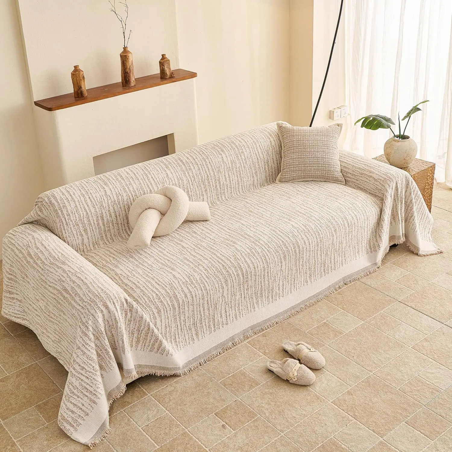 Reversible 3 Cushion Couch Covers for Dogs Washable Loveseat Slipcovers Pet Furniture Protector for Sectional Wavy Stripe Chenille Couch Cover Blanket Khaki 71"x118"