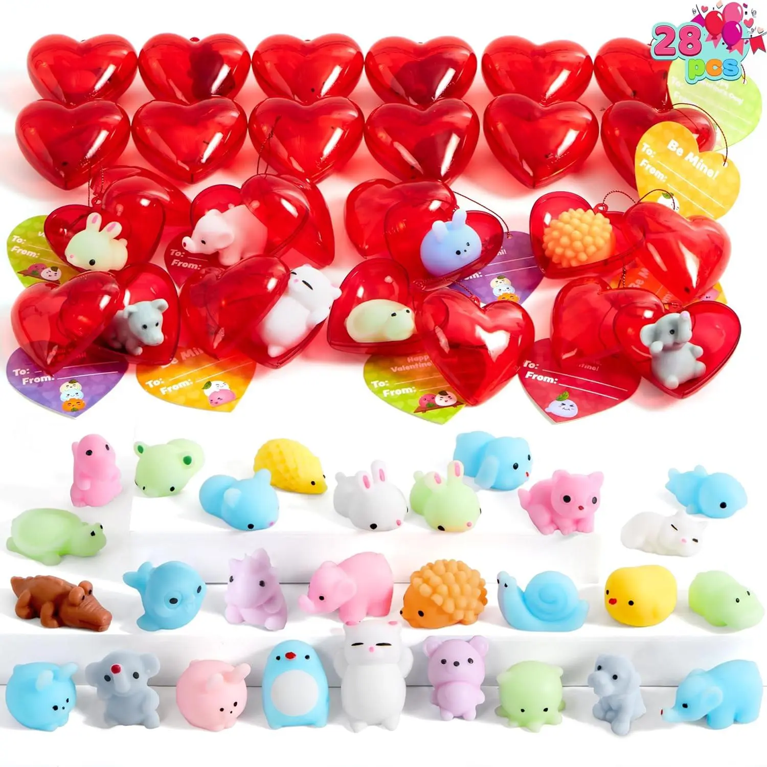 28 PCS Kawaii Valentine’s Day Mochi Squishy Toys with Filled Hearts & Gift Cards, Kids Classroom Exchange Party Favors, Stress Relief Toys for School Game Prizes