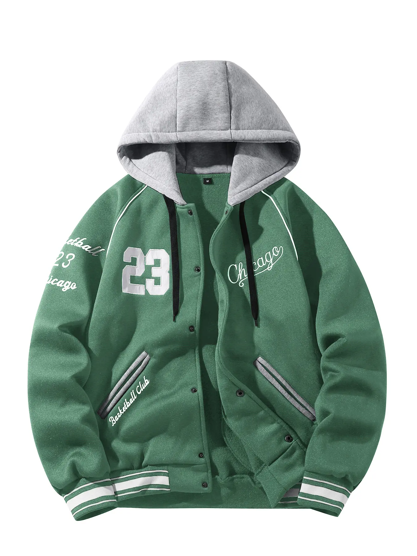 Autumn Winter Colorblock Hooded Jacket, Chicago Basketball Club Print Baseball Coat, Embroidered Front Button Baseball Jacket, Casual Streetwear