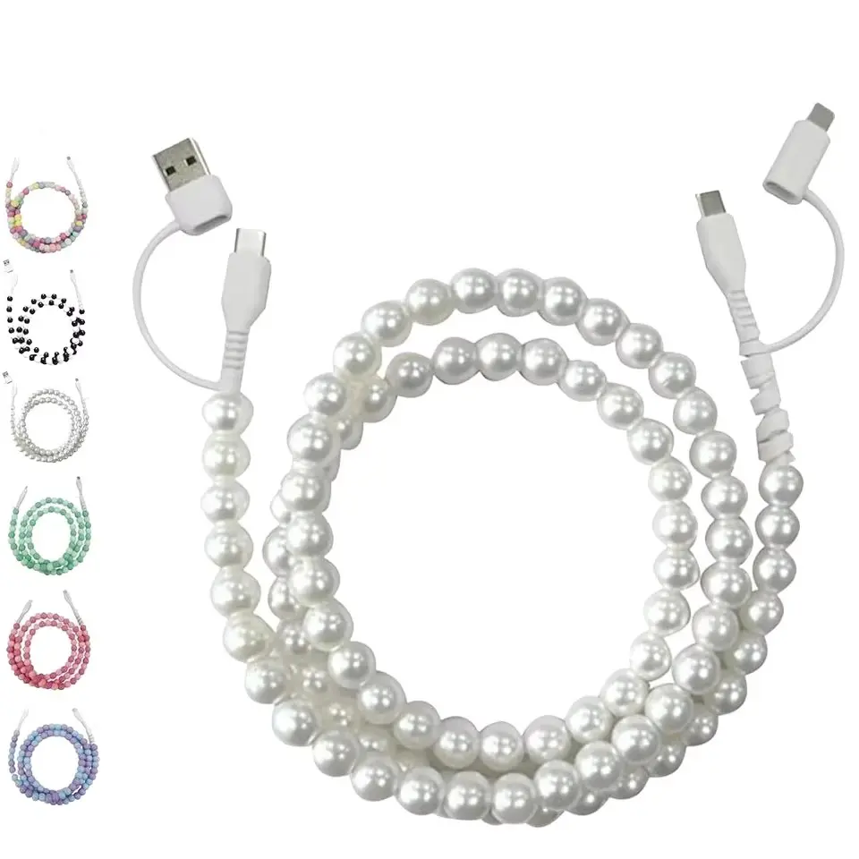 Pearl Decor Charging Cable, Compatible with USB/Type-C and Lightning 4 in 1, 3.3ft Quad-Function Data Cable, Ideal for Women, Holiday Gift