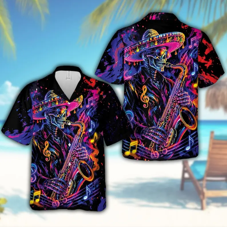 Neon Skeleton Saxophone Hawaiian Shirt, Day of the Dead Music Aloha Shirt, Colorful Skull Jazz Button Up Party Shirt Gift For Men Women