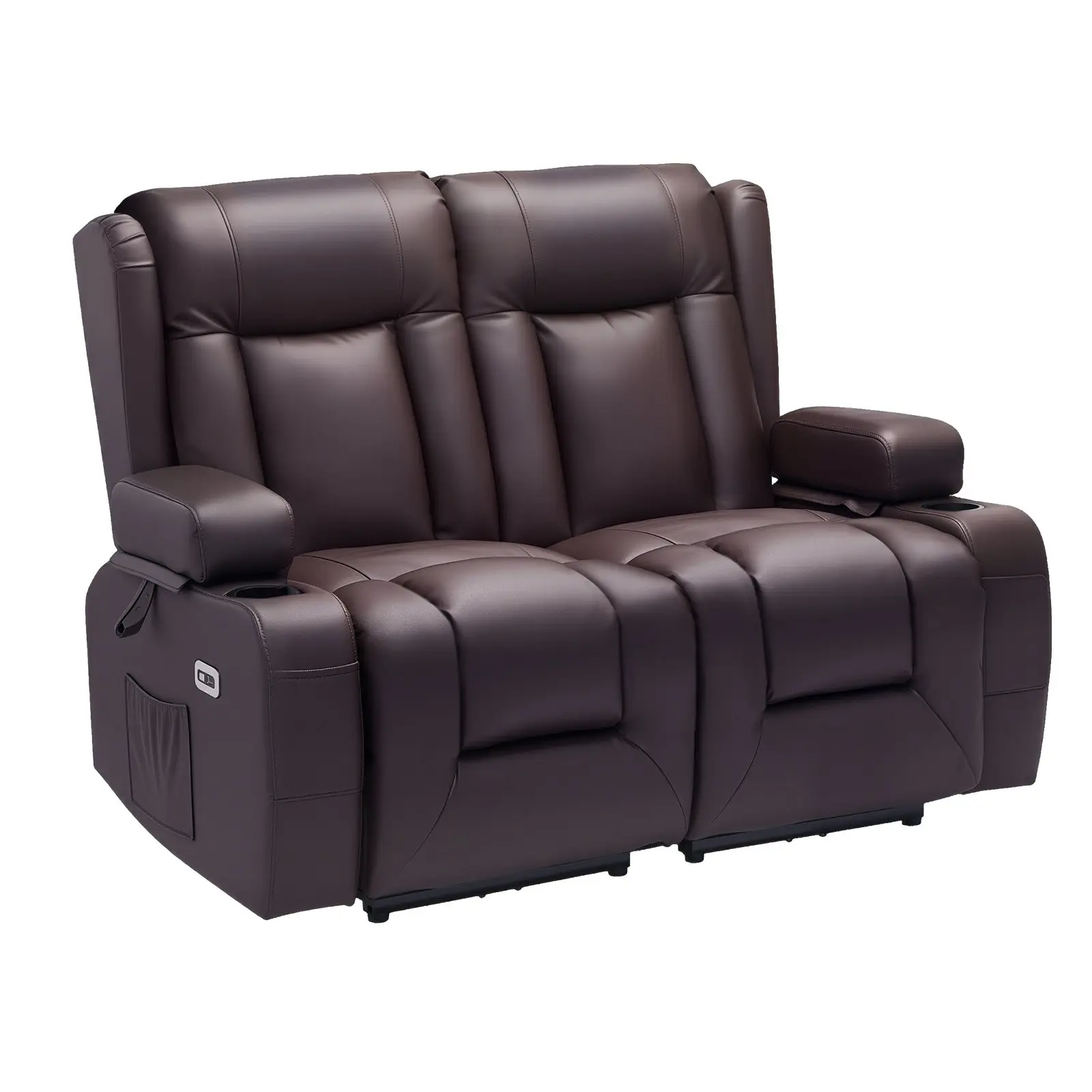 VEVOR Loveseat Recliner Sofa, Power Reclining Couch with Heating Massage and Timer, PU Leather Electric Recliner Sofa with USB Ports, Cup Holders and Side Bags, Dual Loveseat Chair for Living Room